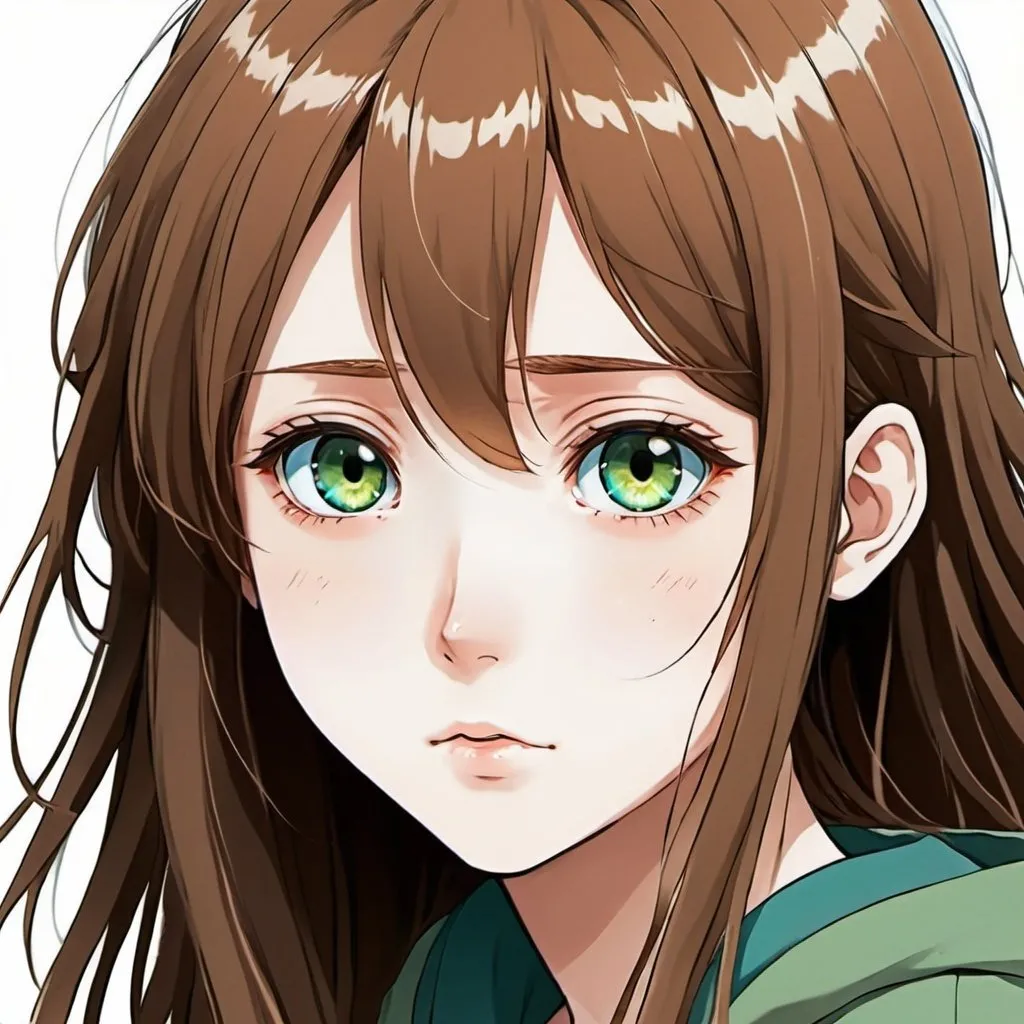 Prompt: Manga anime lonely girl with brown mi long hair and different eyes color. Minnow eyes. Right eye is blue and left eye is green. She is soft and quiet. Bicolore eyes. Not same color for the both eyes. 