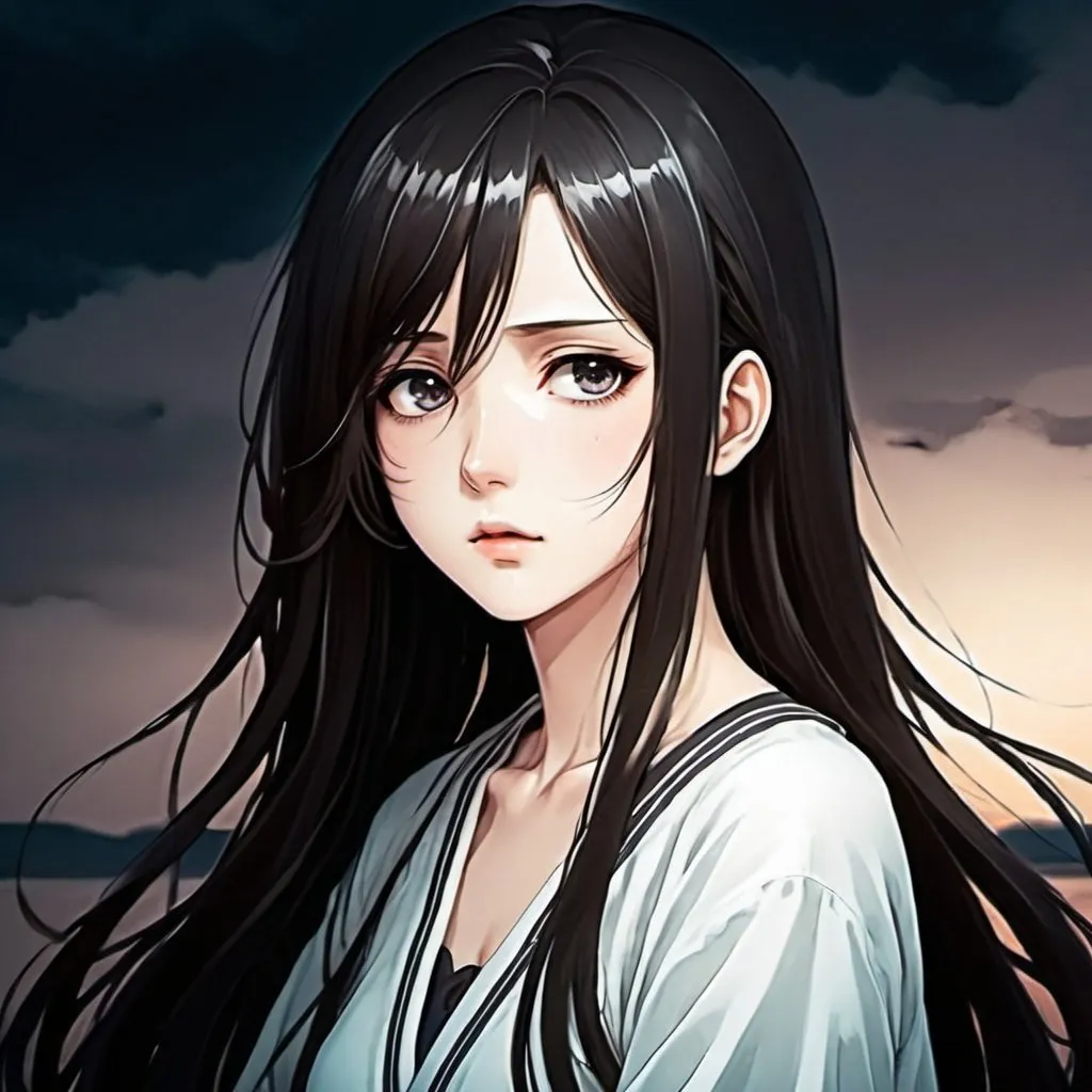 Prompt: Manga anime lonely woman with dark mi long hair, dark eyes and white sweet. She look soft and protective. 