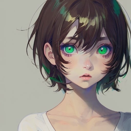 Prompt: Lonely girl with brown short hair and different eyes color. Right eye is blue and left eye is green. She is soft and quiet. 