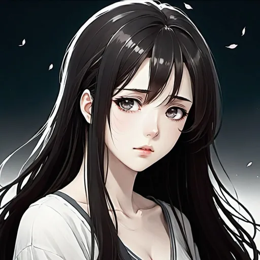 Prompt: Manga anime lonely woman with dark mi long hair, dark eyes and white sweet. She look soft and protective. 