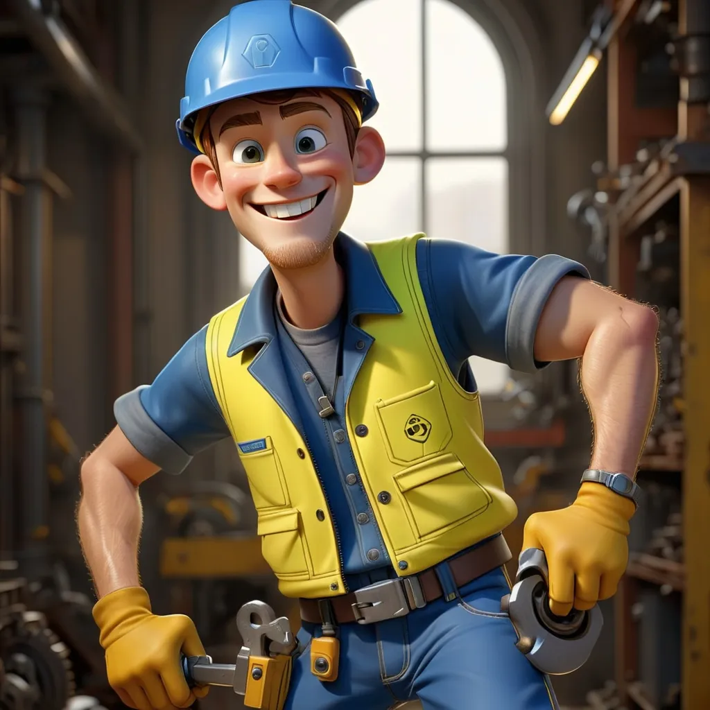 Prompt: "realistic 3D image of smiling male mechanical worker with blue uniform, wearing safety helmet and yellow vest, bring wrench!!, full body view, Disney-Pixar 3D style, foot and boots are visible, best lighting, cinematic."