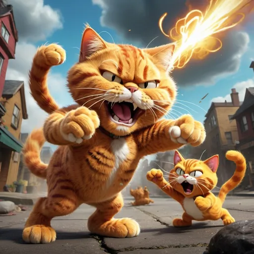 Prompt: garfield fighting mewgan