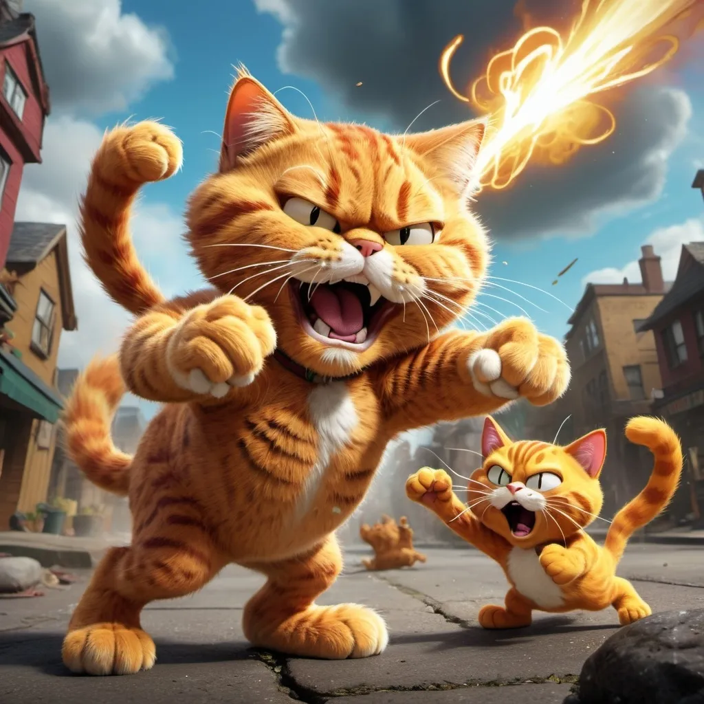 Prompt: garfield fighting mewgan