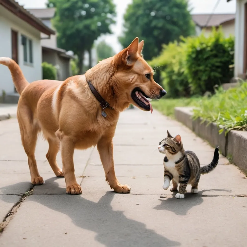 Prompt: a cat and dog who don't get along, so the dog is always chasing the cat. make it kind of like Tom and jerry
