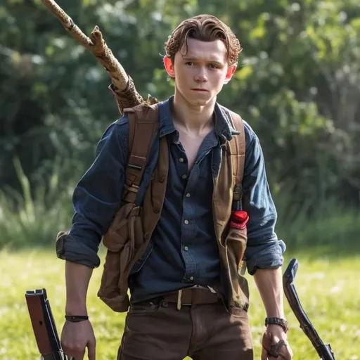 Prompt: Photo of Tom holland. He is holding a gun in his right hand and a stick in his left hand