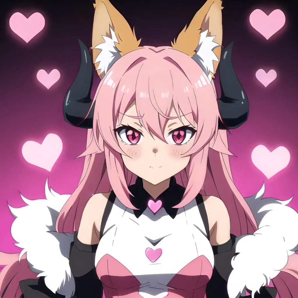 cute anime fox demon femboy with horns pink hearts