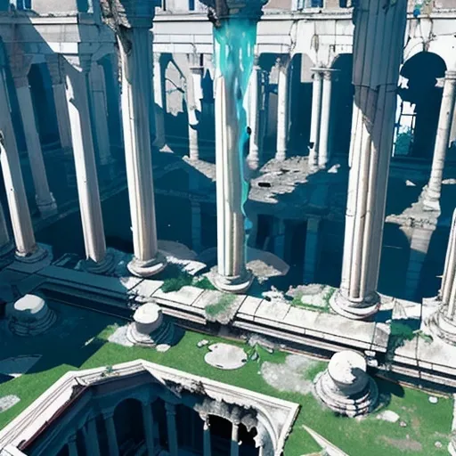 Prompt: Aerial view of a former palace, ethereal energy that is decaying like the moon kingdom from Sailor Moon, broken roman columns and leaking water