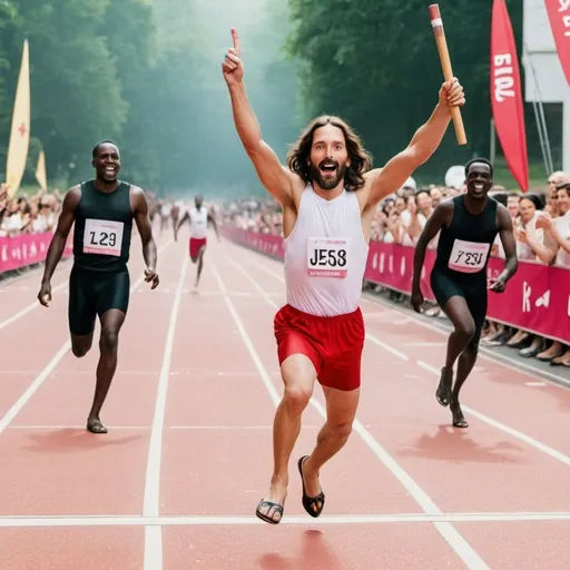 Prompt: jesus and team members of a relay race team, with baton in his hands, crossing the finish line

