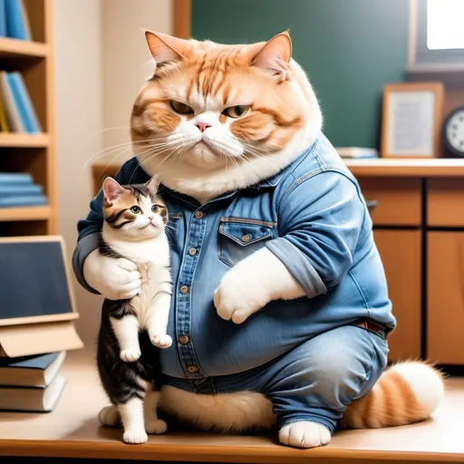 Prompt: shy fat cat, wearing jean,cute, shool background, with his dad
