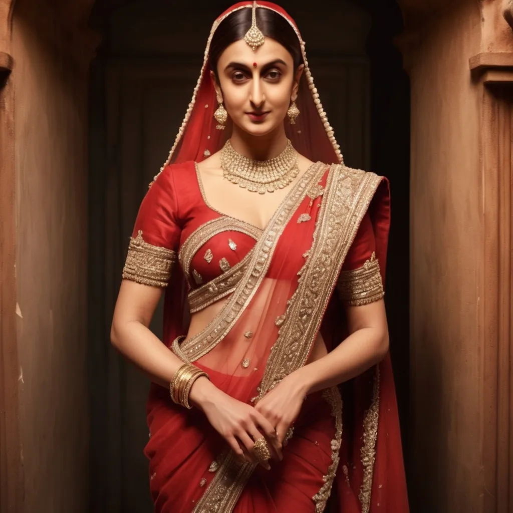 Prompt: Reimagine a ranbir kaporr dressed in a woman's bridal red saree 