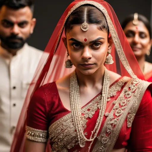 Prompt: Reimagine a Virat Kohli dressed in a woman's bridal red saree