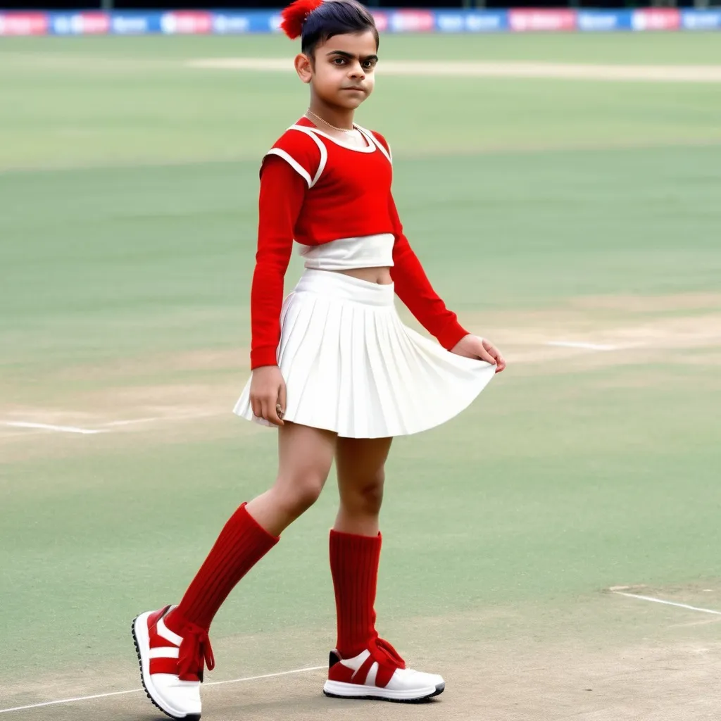 Prompt: Reimagine Virat Kohli as a young cheerleader in a red crop top and a white pleated skirt and red gladiator shoes, on a cricket field 