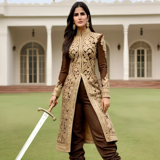 Prompt: Reimagine Katrina Kaif dressed in a man's gold sherwani and brown pants, boots, looking intimidating, holding a sword, standing in a open lawn 