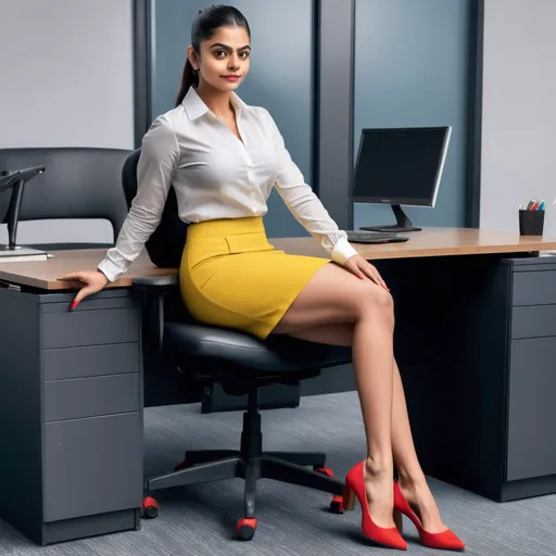 Prompt: Reimagine Virat Kohli Kapoor as a office secretary dressed in a tight micro yellow skirt and a tight  shirt with the top 4 buttons open, hair is open, red stilletoes, full body, sitting on an office desk  