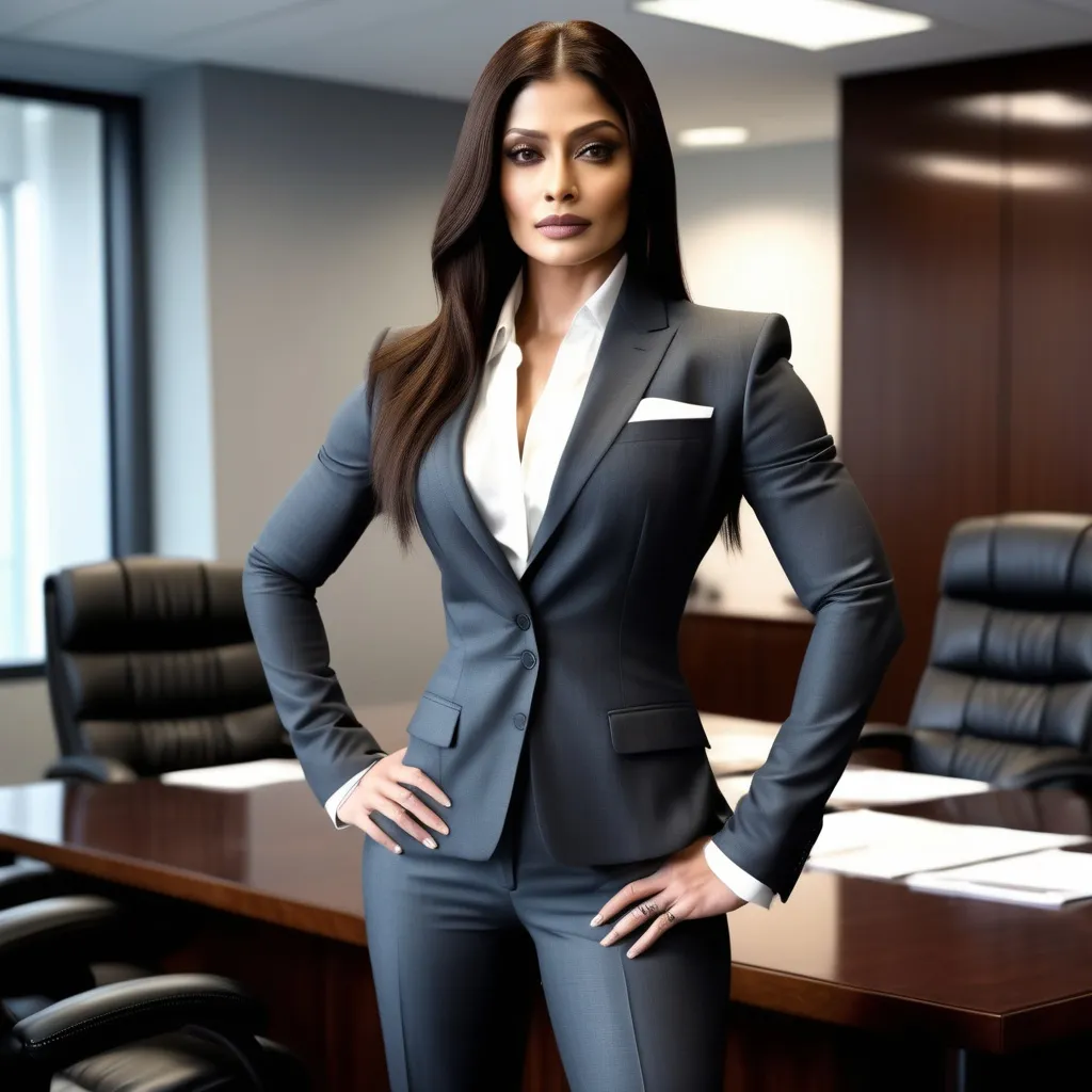 Prompt: Reimagine Aishwariya Rai dressed in a man's powersuit, she is tall, has big muscles and shoulders. She looks intimidating and powerful, Full Body, In an office boardroom  