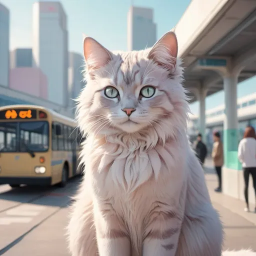 Prompt: High-res anime artwork of a patient cat, soft pastel color tones, urban bus station setting, futuristic cityscape in the background, detailed fur with delicate highlights, gentle and serene expression, modern urban fashion, soft natural lighting, anime, pastel tones, detailed eyes, professional, atmospheric lighting