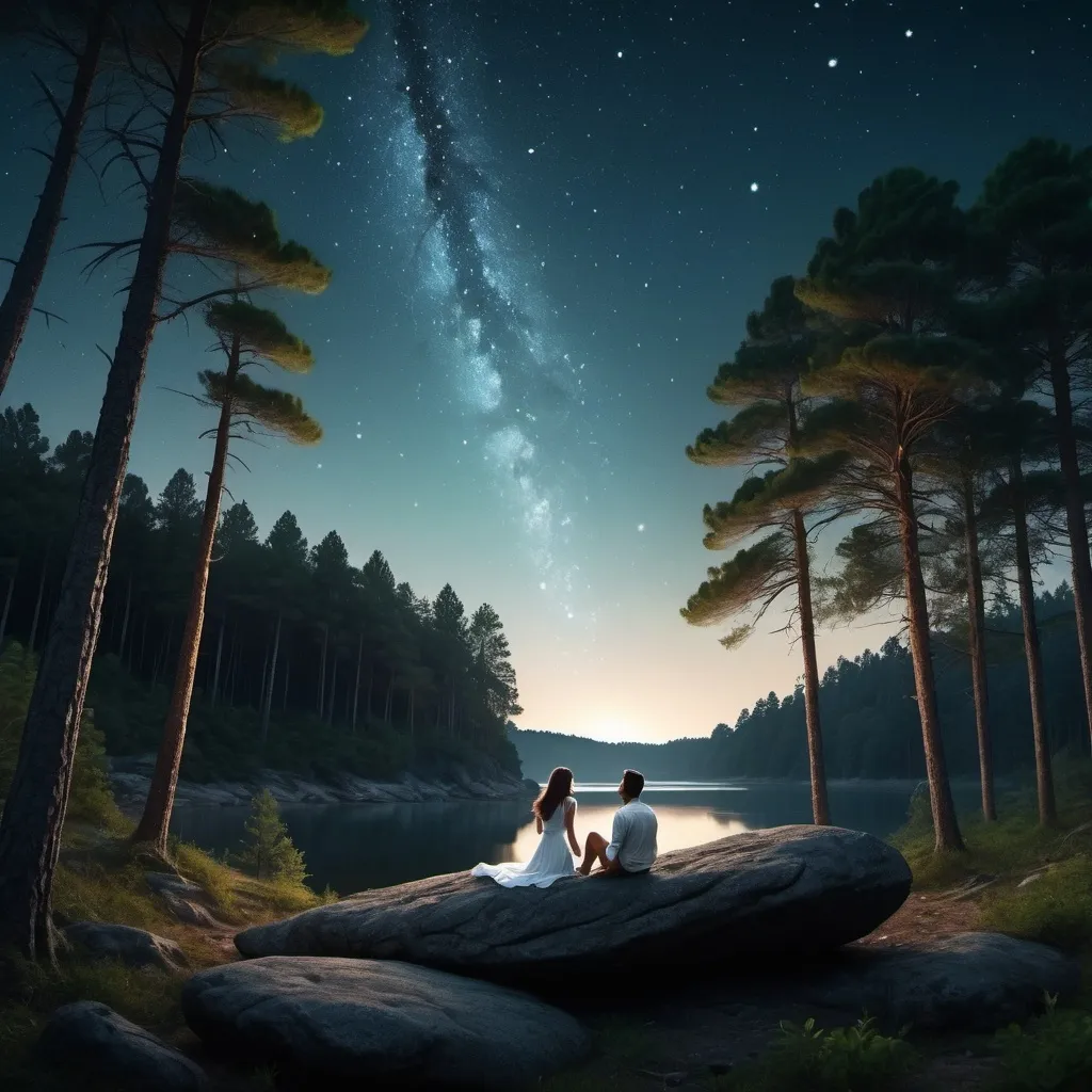 Prompt: a mysterious forest next In a bay in summer time surrounded by a magnificent pine forest, the it is night and the sky is full of stars and a very bright shooting star. A man and a woman are watching the stars from the forest laid down to a rock full hd, realistic, real people. Black hair woman wears a white dress, brown hair man wears white trousers. 