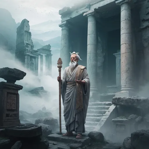 Prompt: Create an NFT depicting the "Eternal Guardian," a stoic and noble figure, standing amidst an ethereal landscape shrouded in mist and ancient ruins. The guardian should exude an aura of wisdom and strength, with intricate details on their attire and artifacts symbolizing their connection to the passage of time.