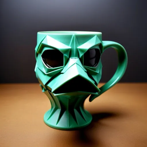 Prompt: 3d printed mug, art nouveau, origami duck wearing plague mask on the goblet, asymmetrical