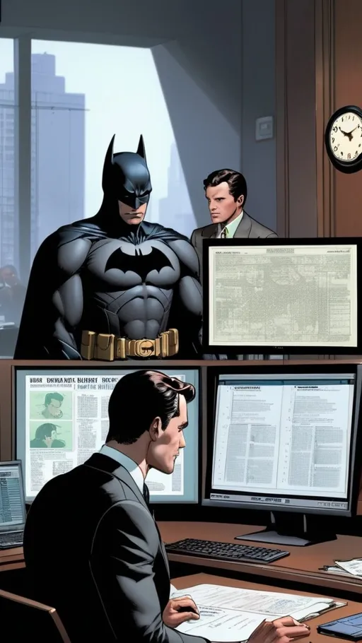 Prompt: Bruce Wayne in his office wearing Batman suit, studies a large screen showing various crime reports. Robin next to him listening. Alfred approaching him