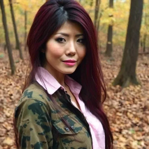 Prompt: army camouflage  fatigues name tag ming ling  close up
 long hair tied in back smiling standing in woods, forest trees  <mymodel>



pensive beauty long hair tied in back
 


pensive beauty long 
 

