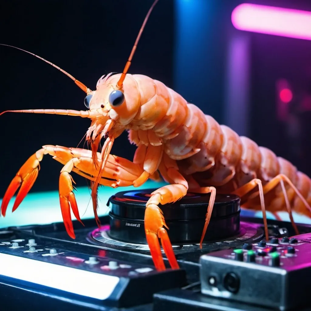 Prompt: edm club but instead of a dj it’s a shrimp at a dj booth