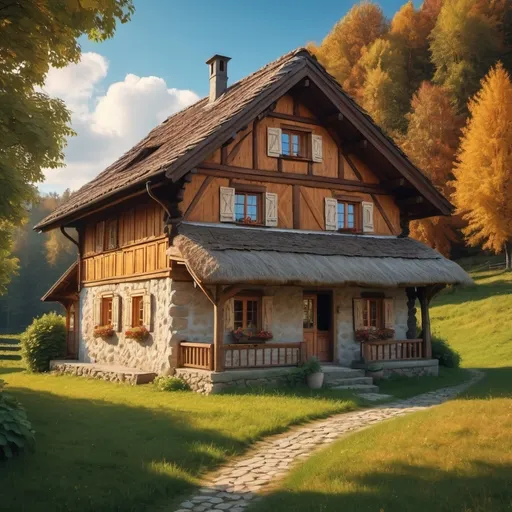 Prompt: Can you create for me Hi resolution picture of traditional wooden cottage from Vysočina region in Czech republic?