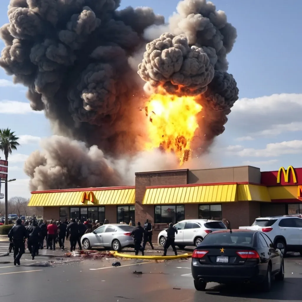 Prompt: huge explosion at mcdonalds, every person running into it while guns are on the floor