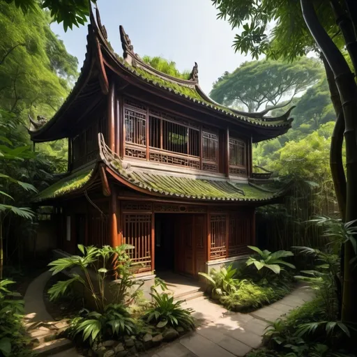 Prompt: Imagine a traditional Chinese house, characterized by curved, upturned eaves and ornate wooden architecture, nestled within a dense, vibrant jungle. The house is surrounded by lush, green foliage, towering bamboo, and large tropical trees with thick, twisting roots. The jungle is alive with the sound of birds and the rustling of leaves, with patches of sunlight filtering through the thick canopy above, casting dappled shadows on the ground. The house, though traditionally Chinese in design, feels almost hidden and perfectly integrated into the wild, overgrown landscape, as if nature has gently reclaimed it over time.