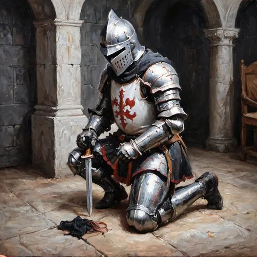 Prompt: black and white knight kneeling


