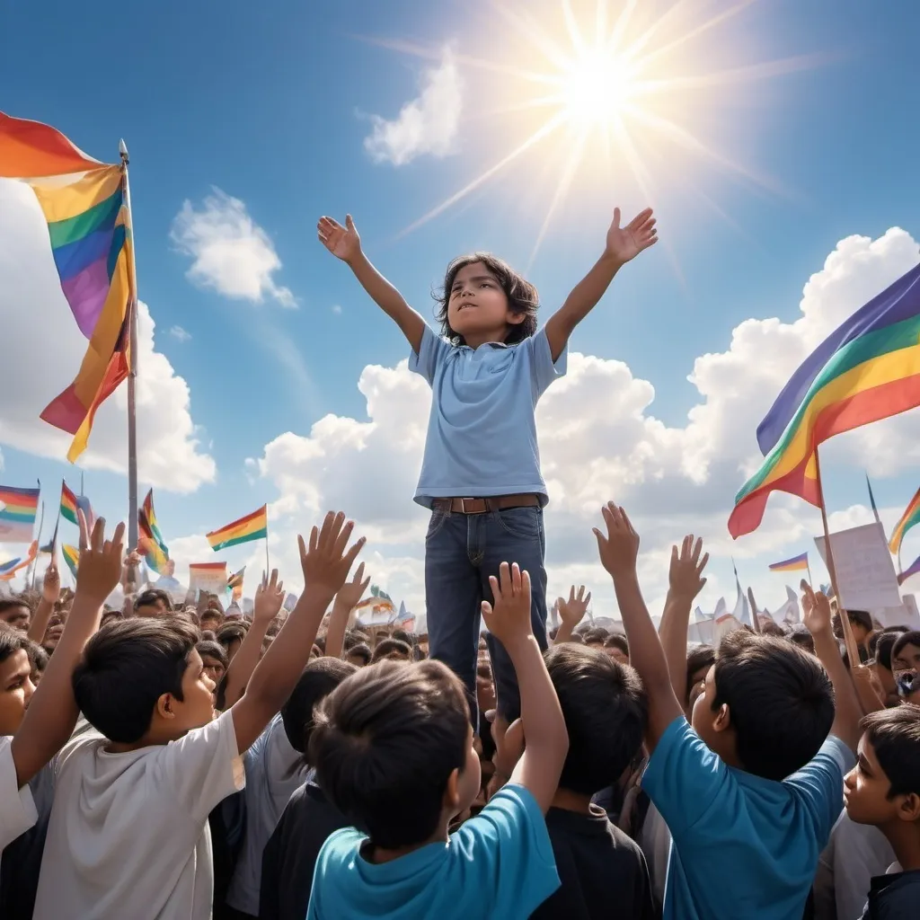 Prompt: A child was killed, now he is in heaven giving courage to the student protesters 