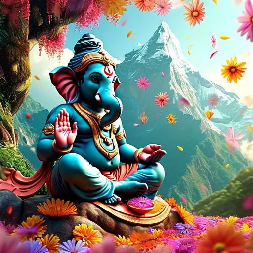 Prompt: Ganeshji sitting peacefully on a majestic mountain peak, radiating happiness with a warm smile. Surround him with a vibrant shower of colorful flowers gently falling from the sky, creating a lively and celebratory atmosphere. The mountain should be lush and serene, complementing Ganeshji's content demeanor. The scene should capture a sense of bliss and harmony, with the flower shower adding a touch of magical celebration to the divine setting.