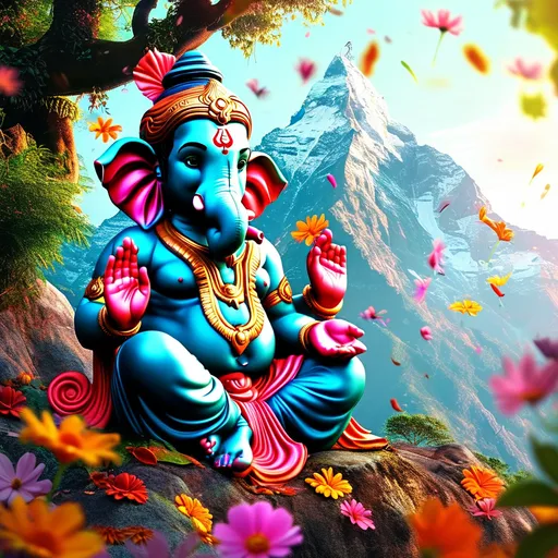 Prompt: Ganeshji sitting peacefully on a majestic mountain peak, radiating happiness with a warm smile. Surround him with a vibrant shower of colorful flowers gently falling from the sky, creating a lively and celebratory atmosphere. The mountain should be lush and serene, complementing Ganeshji's content demeanor. The scene should capture a sense of bliss and harmony, with the flower shower adding a touch of magical celebration to the divine setting.