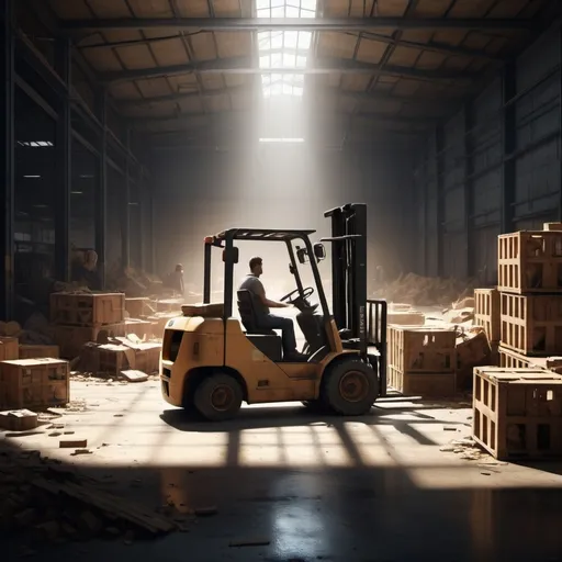 Prompt: (overturned forklift), dramatic warehouse scene, ambient lighting casting long shadows, industrial ambiance, scattered crates and debris, high attention to detail, realistic textures, atmosphere of chaos and disruption, cool tones, ultra-detailed, cinematic perspective capturing the breadth of the scene, engaging composition evoking a sense of disorder in an otherwise functional space.