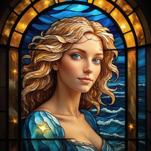 Prompt: This is an image of a beautiful woman made of sea foam. She has golden hair, sparkling blue eyes, and a warm loving smile. The ocean waves mirror her silhouette, and beams of starry moonlight shine down on her.
Sandro Botticello, Photorealistic, UHD, sharp features and piercing eyes, ultra detailed, deep color, fantastical, intricate detail, complementary colors, 8k resolution, trending on Artstation, balanced composition, perfect eyes, water drops, night moon, HDR, beautifully shot, high contrast, cinematic, atmospheric, moody