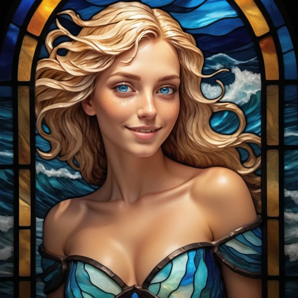 Prompt: This is a full body image of a beautiful woman made of sea foam. She has golden hair, sparkling blue eyes, and a warm loving smile. The ocean waves mirror her silhouette, and beams of starry moonlight shine down on her.
Sandro Botticello, Photorealistic, UHD, sharp features and piercing eyes, ultra detailed, deep color, fantastical, intricate detail, complementary colors, 8k resolution, trending on Artstation, balanced composition, perfect eyes, water drops, night moon, HDR, beautifully shot, high contrast, cinematic, atmospheric, moody