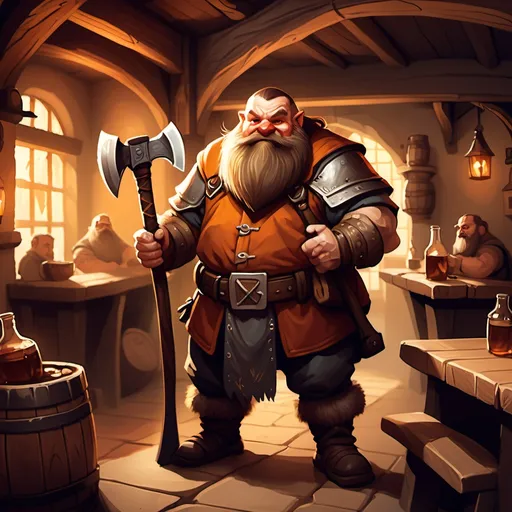 Prompt: dwarf character holding an axe in a tavern , fantasy character art, illustration, dnd, warm tone