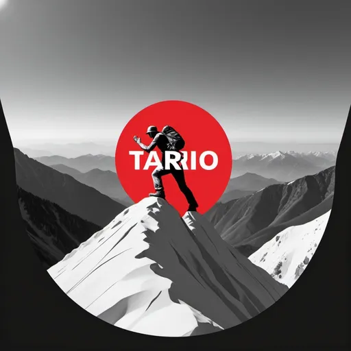 Prompt: (black and white logo), man climbing a mountain , (mountain backdrop), bold red circle, text (accurately spelled text "tariq"),  (arabesque style), (3D computer graphics), sleek and modern design, dynamic and adventurous ambiance, vibrant colors, eye-catching details, professional aesthetic, high quality, ultra-detailed.