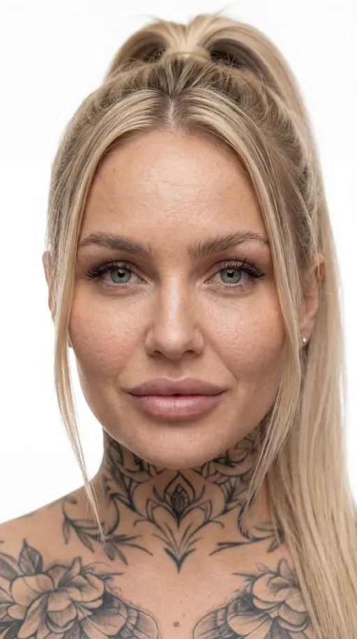 Prompt: Extreme close-up portrait of a human head, frontal view, full head fully visible with ample headroom above the head, no cropping of scalp or hair, same hairstyle across all images, ultra-realistic documentary human face aged 20–25, natural unretouched skin with visible pores, realistic skin translucency, micro wrinkles, no beauty effects, 85mm lens, macro-level skin detail, pure white seamless studio background, vertical 9:16