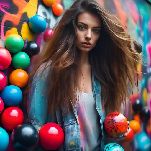 Prompt: (sleek stylish woman), long fluffy hair, (multihued colored balls), vibrant graffiti wall, edgy urban setting, dynamic composition, soft focus, atmospheric lighting, cool tones and bold colors, contemporary art style, playful and energetic vibe, HD quality, (immersive details in outfit), artistic reflections in the colored balls, urban lifestyle theme.