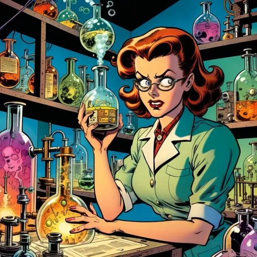 Prompt: female mad scientist in a lab, (1940s vintage comic style), (Jack Kirby and Wally Wood influence), faded colors, quirky inventions surrounding her, laboratory cluttered with flasks and gadgets, dynamic poses, high contrast shadows, dramatic expressions, whimsical ambiance, detailed background of lab equipment, (ultra-detailed), (comic book illustration)