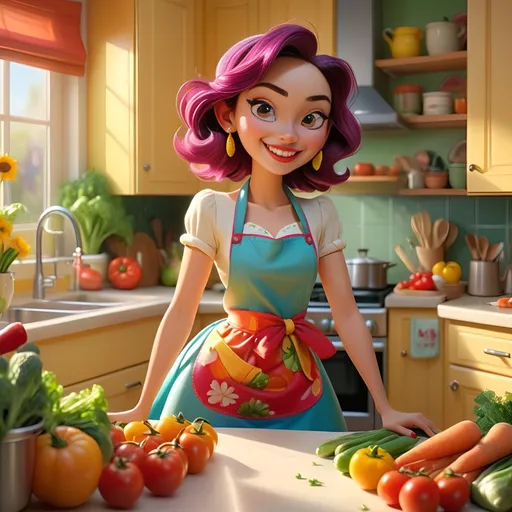 Prompt: (Disney style woman), wearing a cheerful apron and stylish high heels, vibrant colors, sunny kitchen atmosphere, warm lighting, inviting ambiance, lush countertop filled with fresh vegetables, whimsical decor in the background, playful and joyful mood, sparkling highlights on surfaces, 4K ultra-detailed quality.