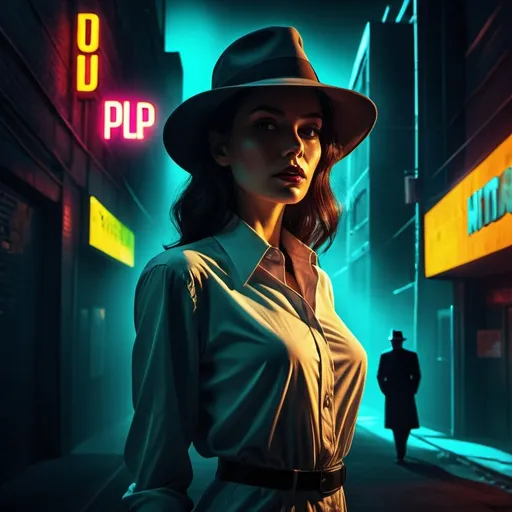 Prompt: oversize dress shirt woman, (stalked by a faceless man in a fedora), science-fiction theme, (pulp style), dramatic shadows, vibrant and retro colors, atmospheric depth, neon glow accents, high-contrast lighting, mysterious ambiance, intricate details, urban background, surreal elements, (HD), (ultra-detailed)