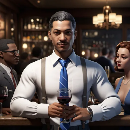 Prompt: a man with a tie and a glass of wine in a bar with people in the background and a wine glass in the foreground, Eddie Mendoza, harlem renaissance, unreal engine 5 quality render, a character portrait. he is wearing a white long sleeved shirt and blue tie