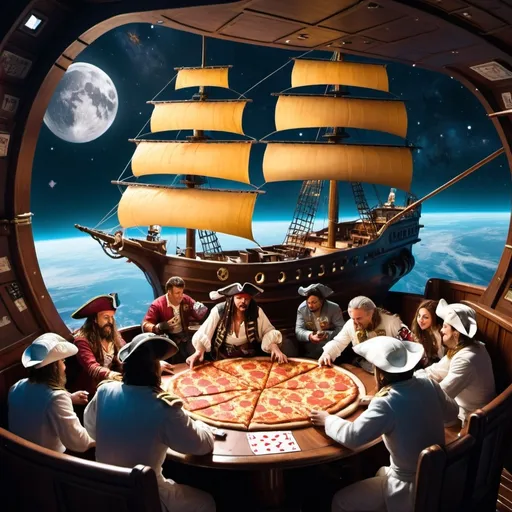 Prompt: Classic Pirate ship sailing in outer space.  The captain is tall and providing pizza o the other crew members who are playing cards on the ships deck.