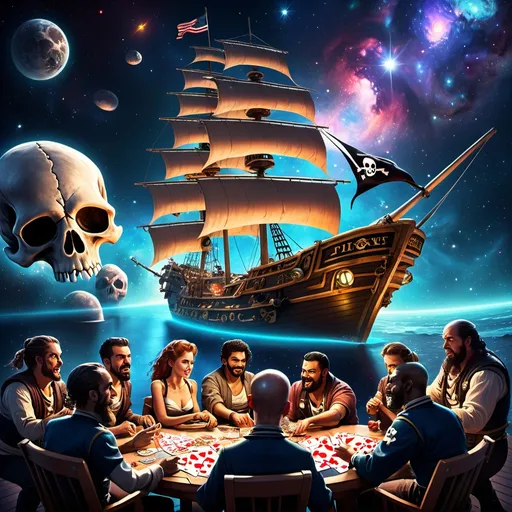 Prompt: Classic Pirate ship with a skull and bones flag flying towards another galaxy in outer space.  The captain is impeccable and tall while the other crew members eat pizza while playing cards on the deck.