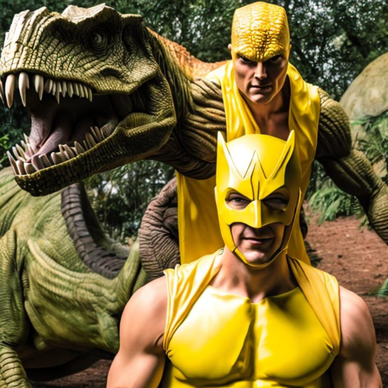 Prompt: A male superhero, a yellow costume, powers involve dinosaurs
