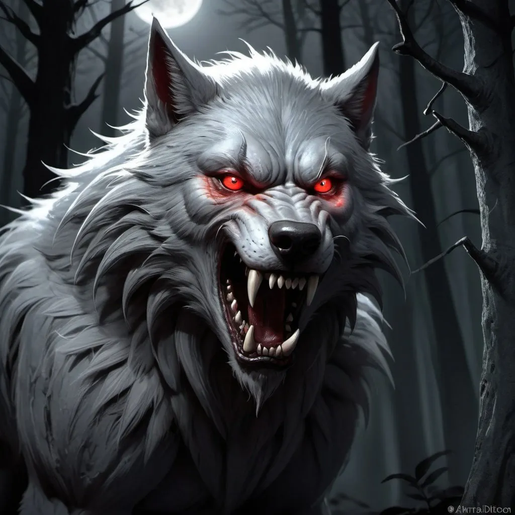 Prompt: Pale gray fur, fearsome werewolf, intense gaze, sharp fangs, menacing claws, mystical aura, dark and eerie forest backdrop, moonlit night, mysterious atmosphere, detailed fur texture, dramatic shadows, fantasy illustration, enchanting narrative feel, evocative storytelling, by Brom and Tony DiTerlizzi, Artstation. Red eyes. Feathersoft. Digital art, cartoon. 