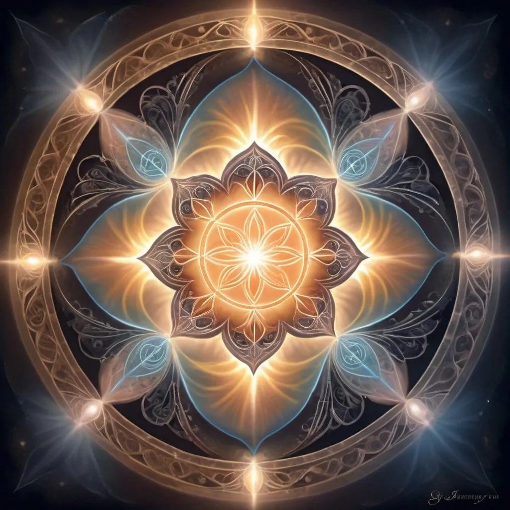 Prompt: Soft ethereal glow, celestial aura, serene spiritual atmosphere, gentle whispers of wind, divine guidance, intricate sacred symbols, harmonious balance of light and shadow, mystical incantation, intricate patterns, ethereal beings, spiritual journey depiction, symbolic elements, warm and comforting color palette, subtle and soothing lighting, digital art, intricate details, emotional depth, by fantasy artists on DeviantArt.