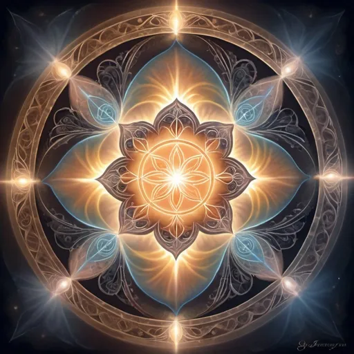 Prompt: Soft ethereal glow, celestial aura, serene spiritual atmosphere, gentle whispers of wind, divine guidance, intricate sacred symbols, harmonious balance of light and shadow, mystical incantation, intricate patterns, ethereal beings, spiritual journey depiction, symbolic elements, warm and comforting color palette, subtle and soothing lighting, digital art, intricate details, emotional depth, by fantasy artists on DeviantArt.